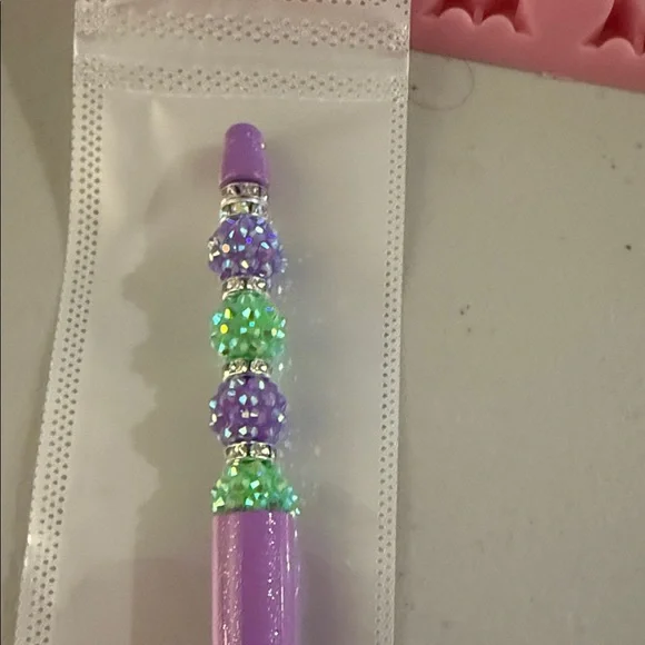 Homemade Purple and Green Bejeweled Ballpoint  Beaded Refillable Pen - Picture 2 of 3